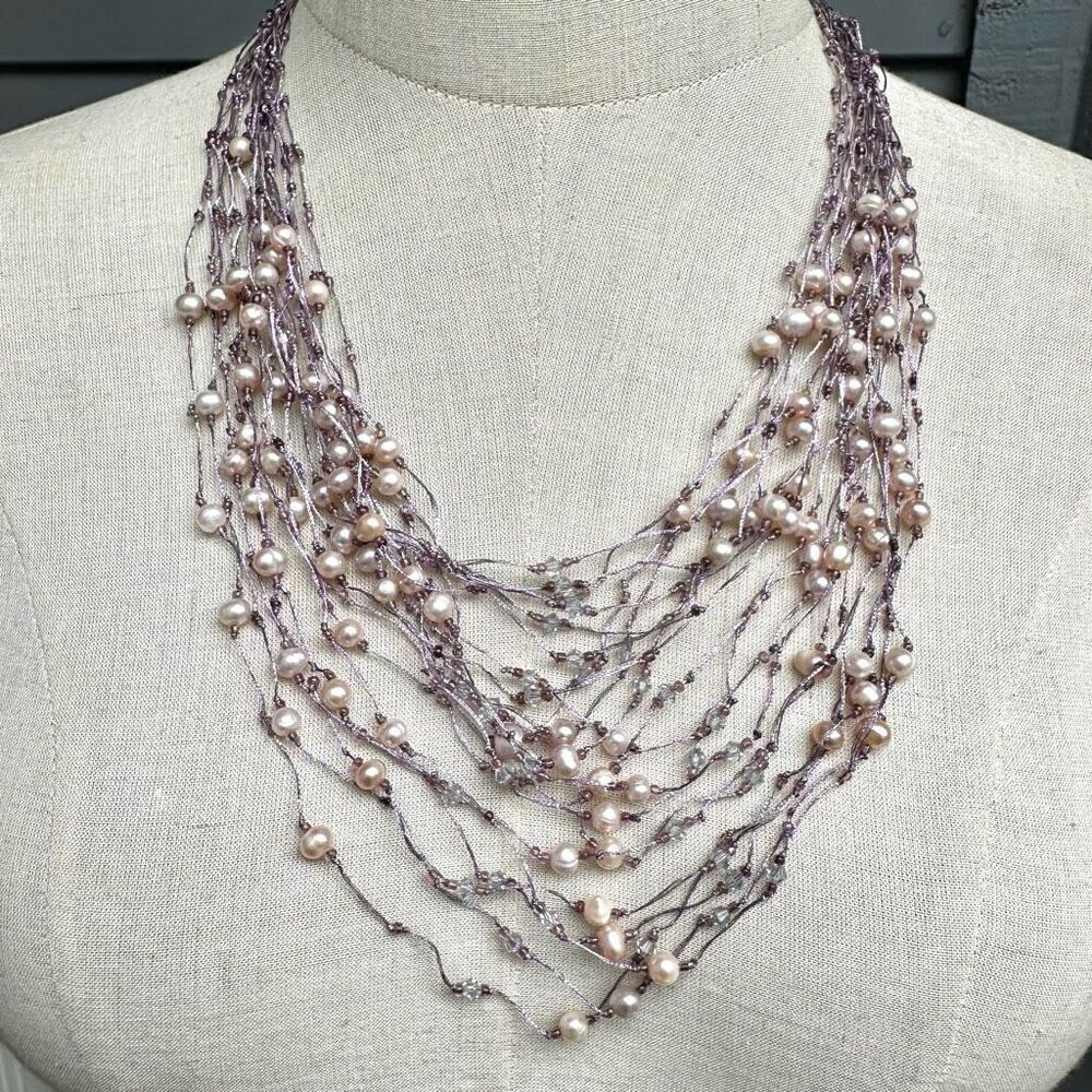 Purple multi strand fresh water pearl crystal statement necklace